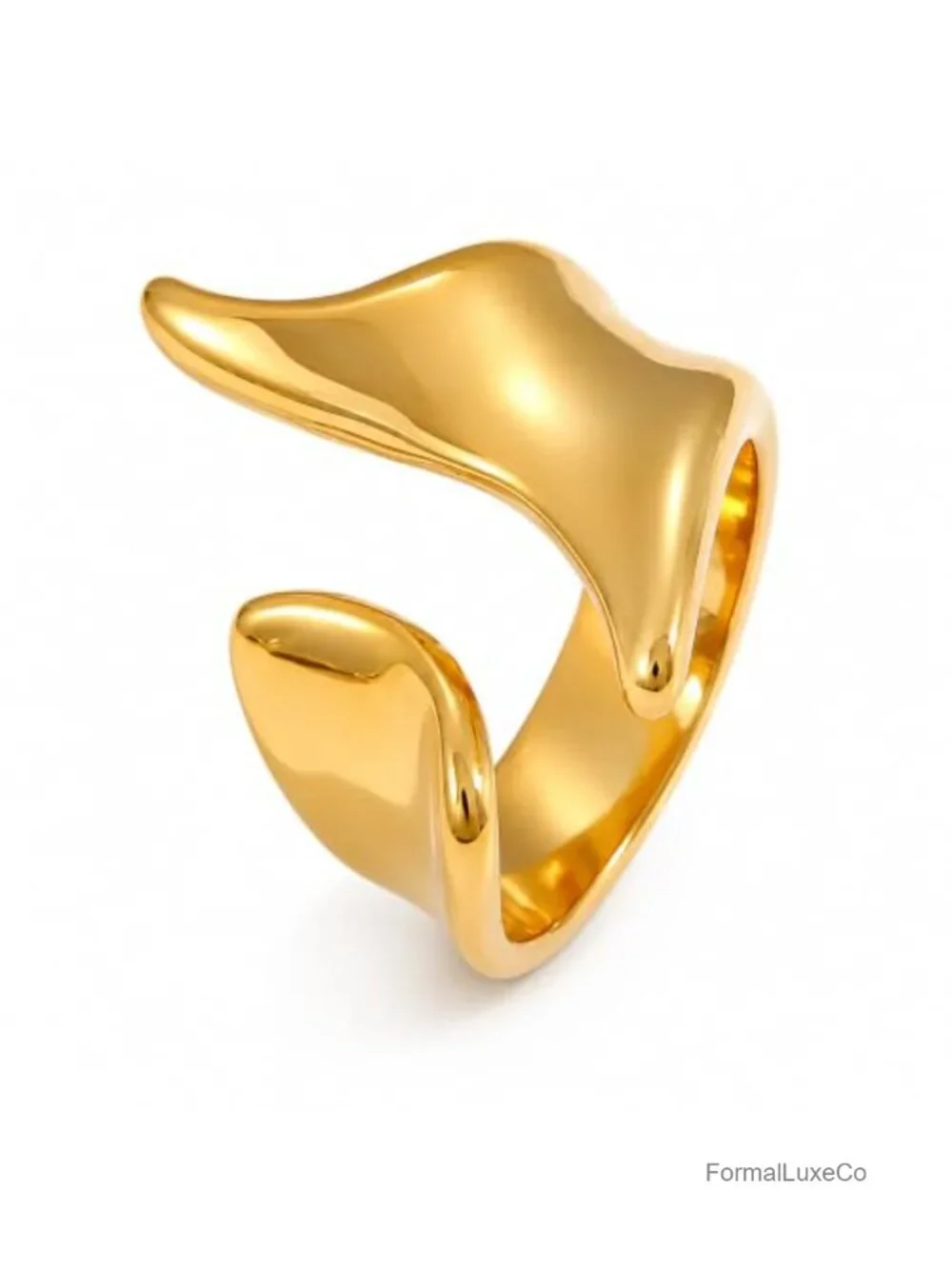 Gold Stainless Steel Open Ring, Sculptural Wave Statement Ring, Wide Polished